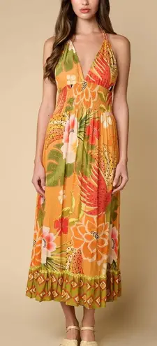 Z&L Europe Vibrant Floral Halter Delia Maxi Dress large. Orange
