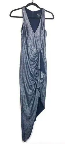 Aidan Mattox Silver Shimmer Navy Waterfall Draped High Low Midi V Neck Dress 0