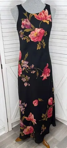 Vintage 90s Positive Attitude Floral Maxi Slip Dress Black Medium Glam Grunge Size 12