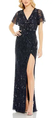 Mac Duggal Sequin Embellished Beaded Faux Wrap Gown Navy Blue Sz 14 NWT 93654