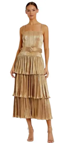 Mac Duggal NWT 27062 Tea-Length Metallic Plissé Midi Dress Party Gold Size 6