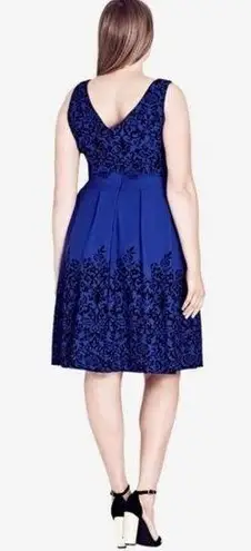 City Chic Woman's L/20 Blue V Neck Fit and Flare Knee Length Dress Velvet Accent