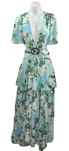 L'atiste by Amy Blooming Gardenia Green Floral Cutout Ruffle Maxi Maxi Dress L Size L