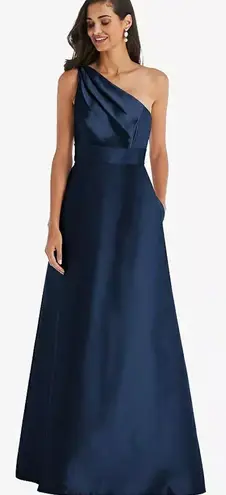 Alfred Sung NWT Draped One Shoulder Satin Maxi Dress Formal Midnight Navy Size 2