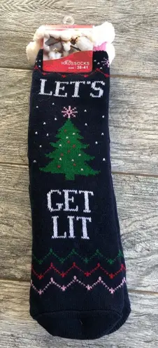 NWT Slipper Socks Let's Get Lit Christmas Trees Holiday Lu Mei Stocking Stuffer Black