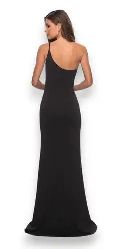 La Femme  Long‎ High Thigh Slit One Shoulder Jersey Black Gown Prom Dress Size 6