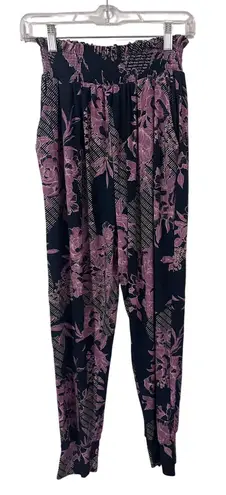 Daily Practice Cool Breeze Black Purple Floral Smocked Waist Jogger Pants Size S