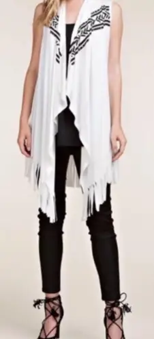 Vocal Cross Rhinestone Fringe Open Front Long Vest White M