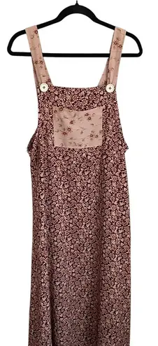 Vintage 1990's Floral Jumper Maxi Brown Pinafore Dress 12 Whimsical Cottage Folk Pink