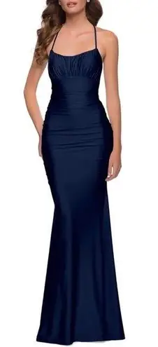 La Femme  Shiny Jersey Blue Open Back Trumpet Gown Dress