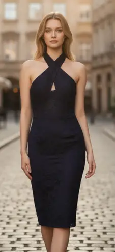 Bardot NWT Riviera Crossover Halter Neck Cutout Corset Dress In Navy