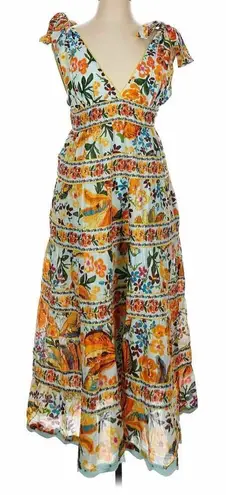 Farm Rio Blue Spring Bananas Midi Dress Size Large Tropical Vacation Casual