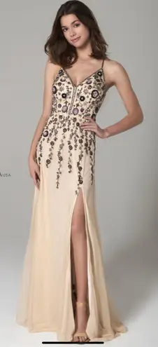 Scala Floral Beaded Prom Dress in Champagne