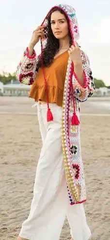 SAACHI Granny Hooded Square Crochet Ruana kimono cardigan One Size Size L