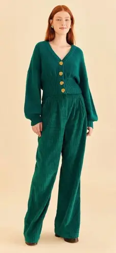 Farm Rio Emerald Green Bubble Sleeve Gold Button Up Cardigan Sweater