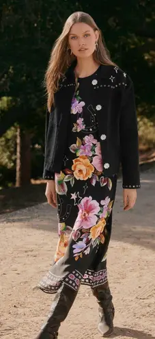 Johnny Was Karolina Tea Length Midi Dress Size Small Silk Floral Horseshoe Boho Black