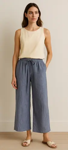 Jones New York 100% Linen Wide Leg Pants Blue Drawstring Casual Womens Medium