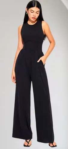 Cider Soft Black Ribbed Solid Sleeveless Wide Leg Flare Elegant Jumpsuit M