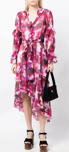 Marchesa Notte Oleander Floral Print Asymmetrical Ruffle Midi Dress Size 2 Purple