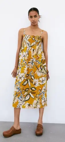 ZARA Mustard Yellow Tropical Floral Print Midi Dress