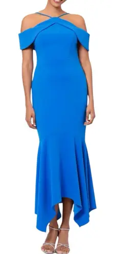 XScape Evening Blue Cold Shoulder Handkerchief Hem Scuba Crepe Gown size 4 NWT