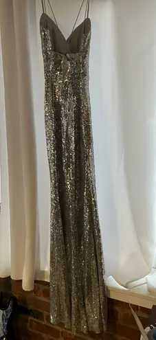 B Darlin Silver-Sequin Slit Prom Dress