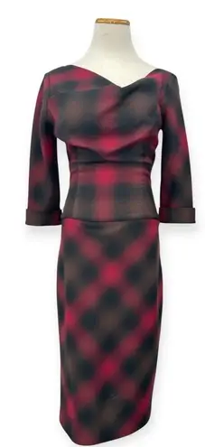 Black Halo | 4 / S | Jackie Plaid Print Cowl Neck 3/4 Sleeve Midi Sheath Dress