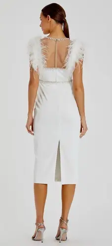 Mac Duggal NWT 11438 Feather Cap Sleeve Pearl Embellished Tea-length Dress Sz 10