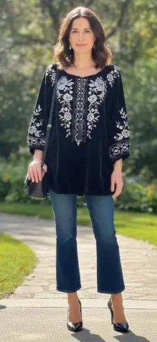 Kyla Seo Maci Blouse Top Black Velvet Embroidered Tassel Boho M Peasant NWT Size M