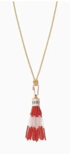 Stella & Dot Retired Coral Red Gold Beaded Brio Tassel Necklace Long