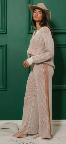 Two Tone Ribbed Sweater and Pants Set Tan Size L thumbnail 1