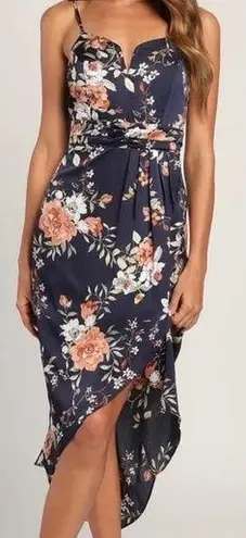 Lulus My Favorite Day Navy Blue Floral Print Tulip Skirt Midi Dress Size M