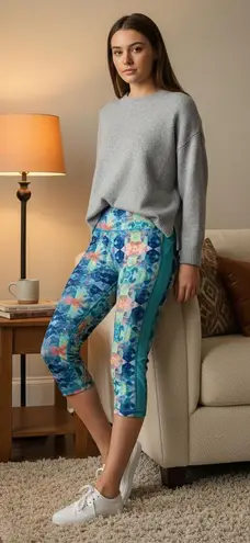 Pink Lotus Women's Teal Pink Geometric Capri Leggings Size M