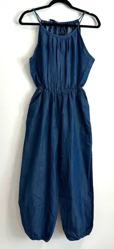 Love by Chesley Blue Chambray Denim Jumpsuit Women's Medium Elastic Ankle Pleats