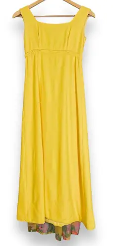 Vintage 1960s Dress Handmade Floral Train Yellow Crepe Empire Waist Bow Back Size undefined
