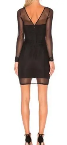 Cinq a Sept Black Ruched Mesh Mini Bodycon Dress Long Sleeves Plunging Neckline Size 2