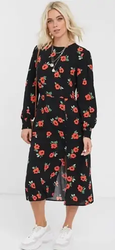 Nobody's Child Dress Womens 8 Black Red Floral Midi Long Sleeve Poppy Print