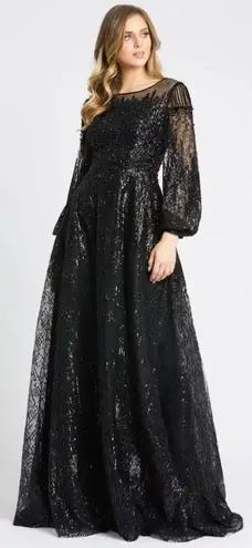 Mac Duggal NEW NWT Jewel Encrusted Illusion Long Sleeve A Line Maxi Gown Black