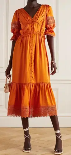 Self Portrait Lace-Trimmed Satin-Twill Midi Dress Size 6 Orange Ruffle