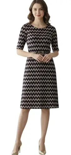 Connected Apparel Dress Womens 10 Black Gold Chevron Metallic Belted A-Line
