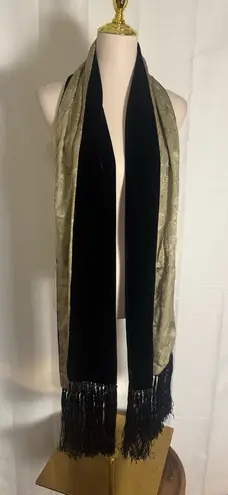 Simone Reversible Silk Velvet Fringe Shawl Black & Olive Paisley Wrap Scarf Green
