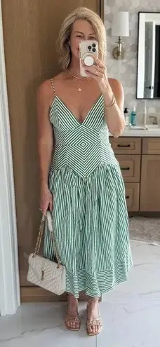 FARM Rio Bicolor Stripes Organic Cotton Midi Dress Green Size M