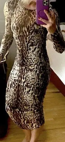 INC leopard ocelot print bodycon ruched mesh dress slip mob wife club XS 90s Y2K