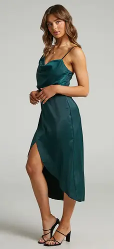 Showpo Sisters By Heart Asymmetric Cowl Neck Midi Dress in Emerald Satin