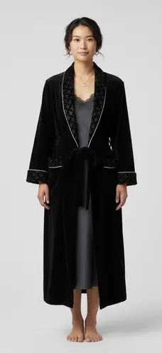Jasmine Rose Signature Velvet Robe Large Black Gold Trim Long Lounge Womens
