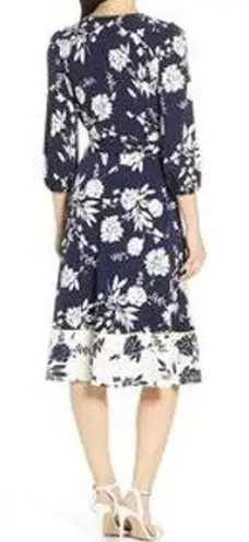 Eliza J  Floral Print Faux Wrap V-Neck Waist Tie Dress Blue White Size 4 NWT