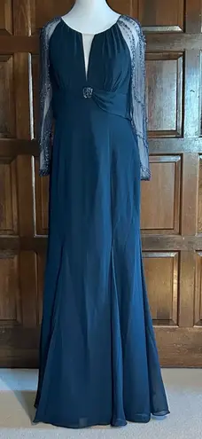 JJ's House JJ’s House Dark Navy Evening Gown Size 8 Beaded Sleeve Floor Length Formal Dress