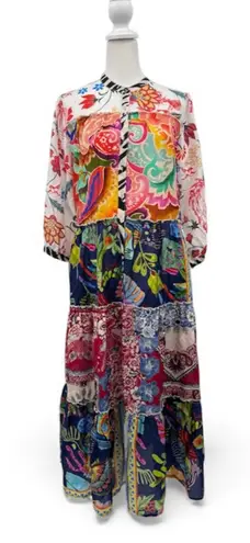 Johnny Was Regia Dress Tiered 100% Silk Boho Midi Floral Paisley Patchwork Small