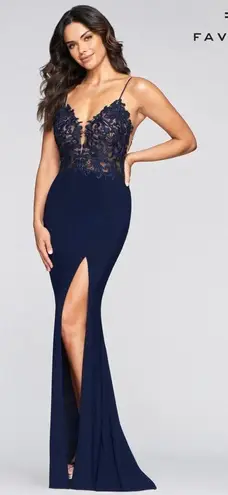 Faviana Navy Lace Bodice V Neck Slit Formal Navy Gown