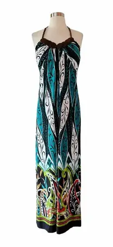 Heart soul Halter Maxi Dress Paisley Green Brown Wood Beads Neck Large EUC